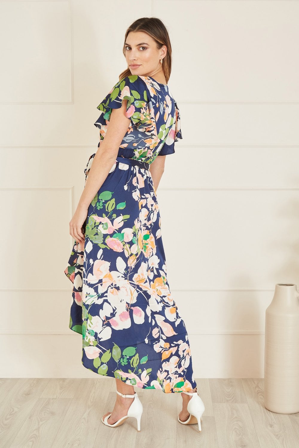 Mela Navy Floral Satin Wrap Over Midi Dress With Frill Sleeve Mela