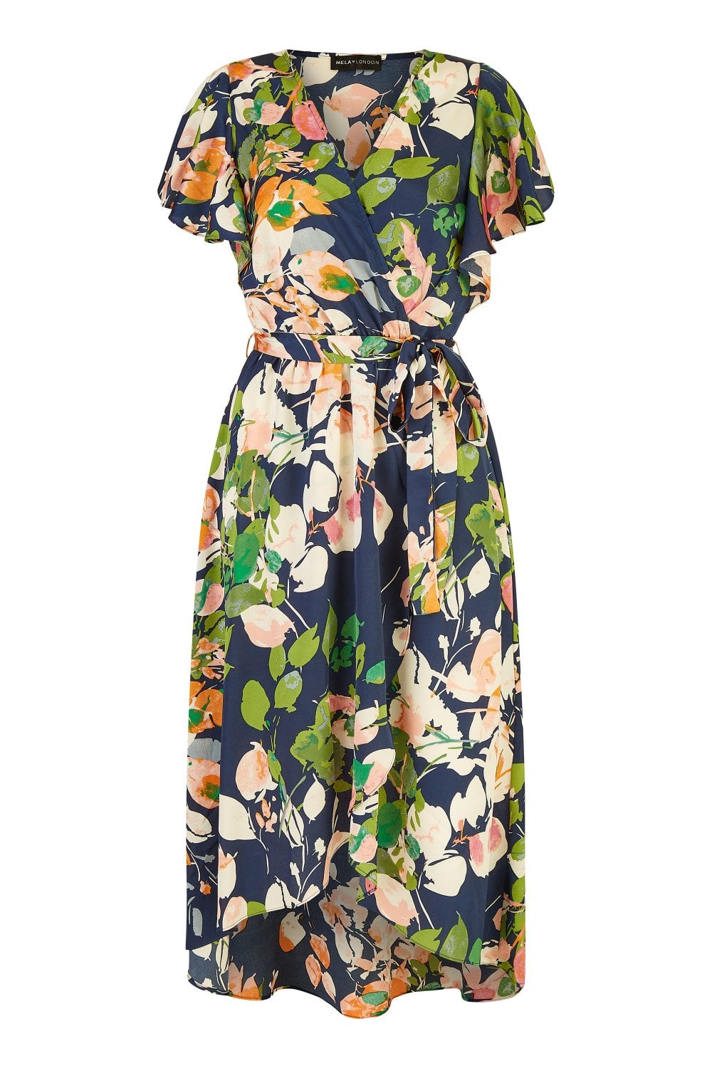 Mela Navy Floral Satin Wrap Over Midi Dress With Frill Sleeve Mela