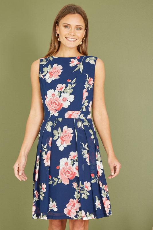 Mela Navy Floral Skater Dress With Scoop Back Yumi