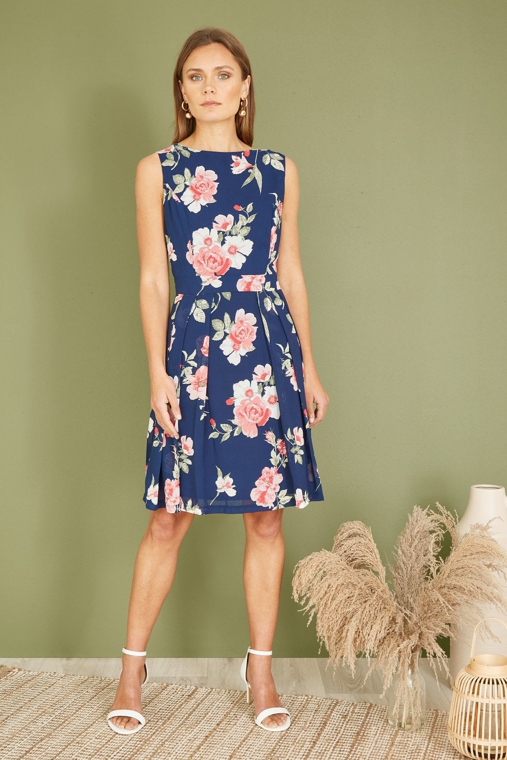 Mela Navy Floral Skater Dress With Scoop Back Yumi