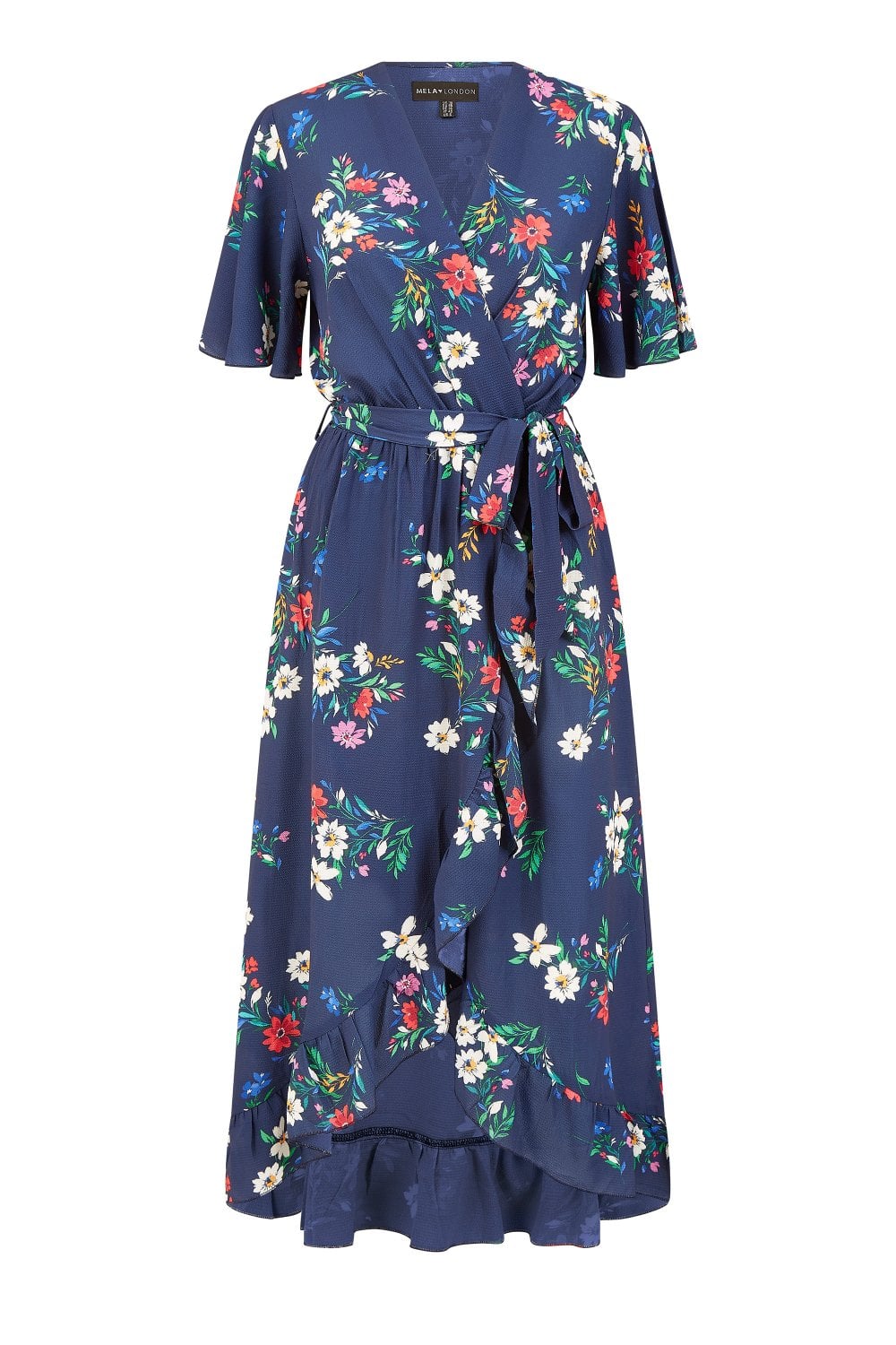 Mela Navy Floral Wrap Dress With Frill Hem Mela