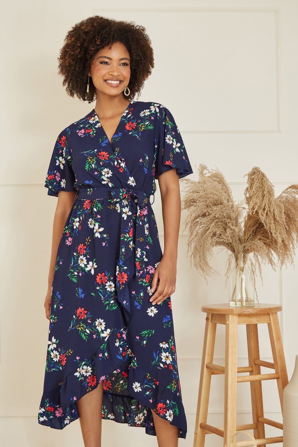 Mela Navy Floral Wrap Dress With Frill Hem Mela