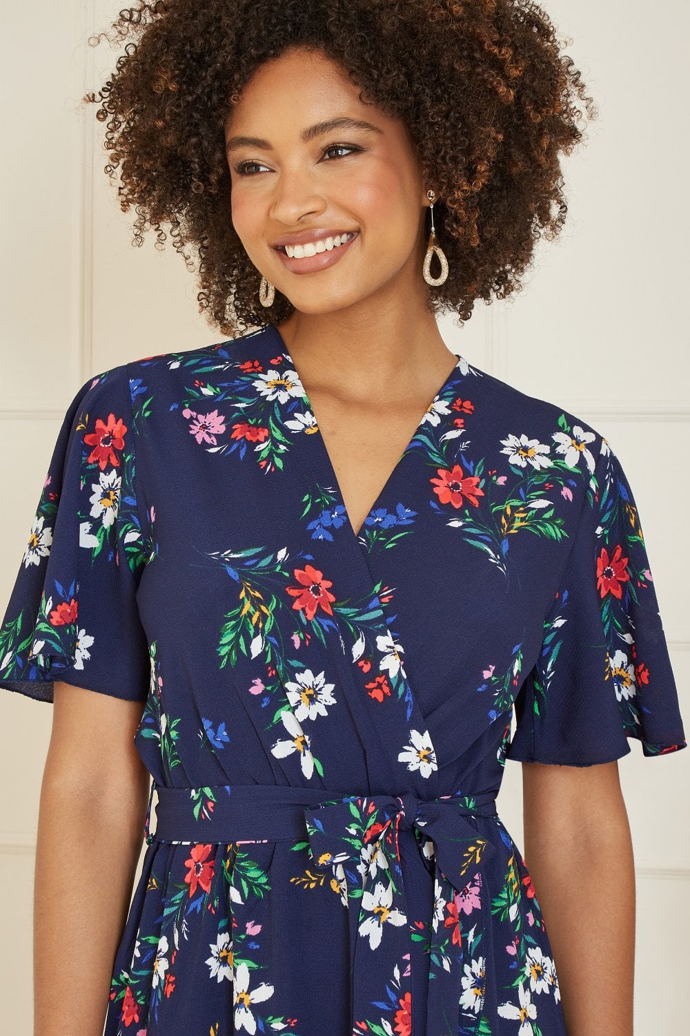 Mela Navy Floral Wrap Dress With Frill Hem Mela