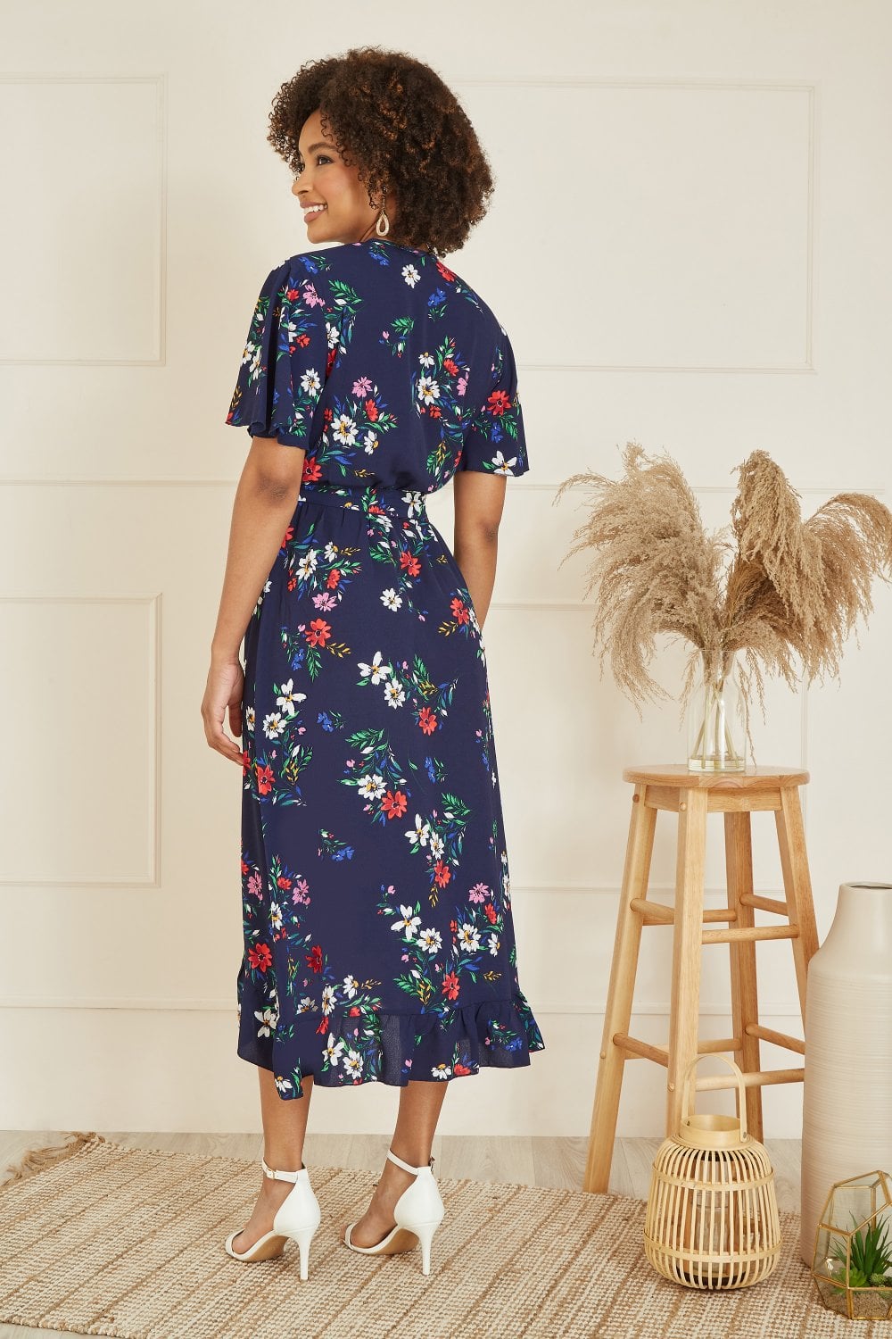 Mela Navy Floral Wrap Dress With Frill Hem Mela