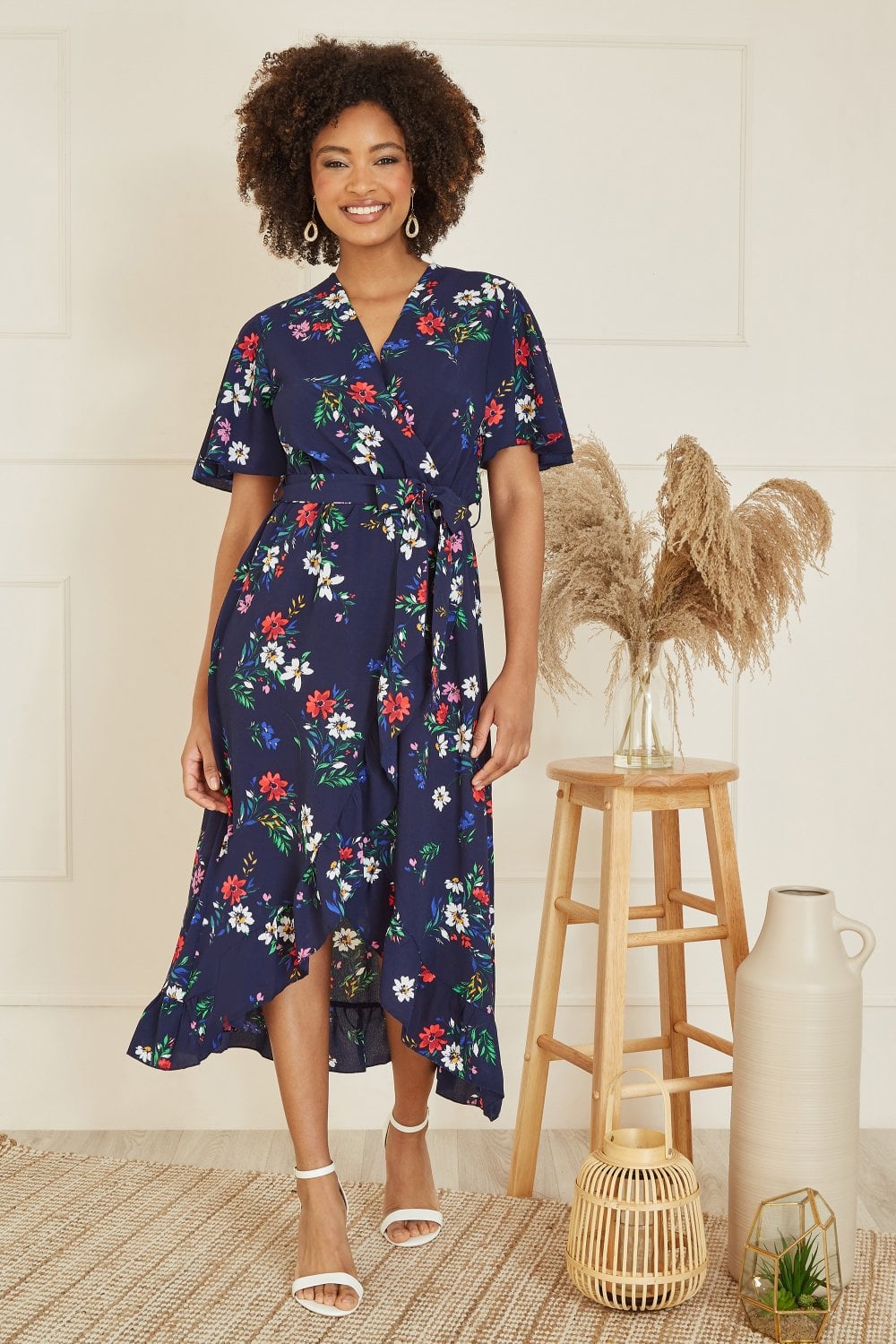 Mela Navy Floral Wrap Dress With Frill Hem Mela