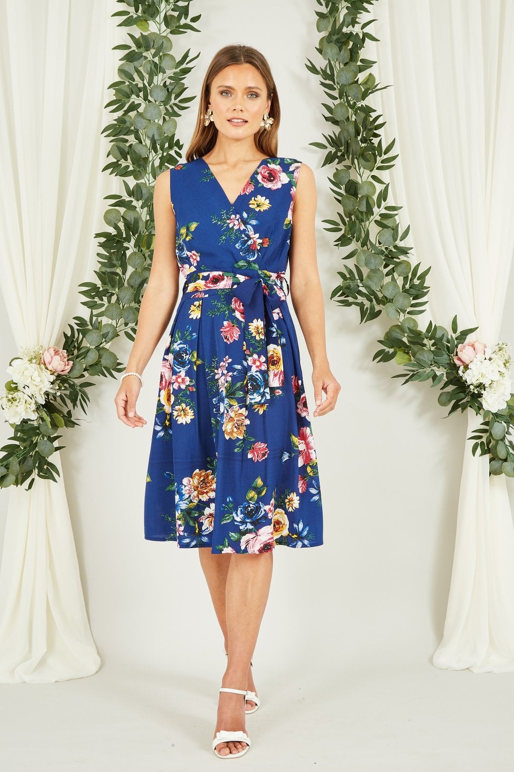 Mela Navy Floral Wrap Over Midi Skater Dress Mela