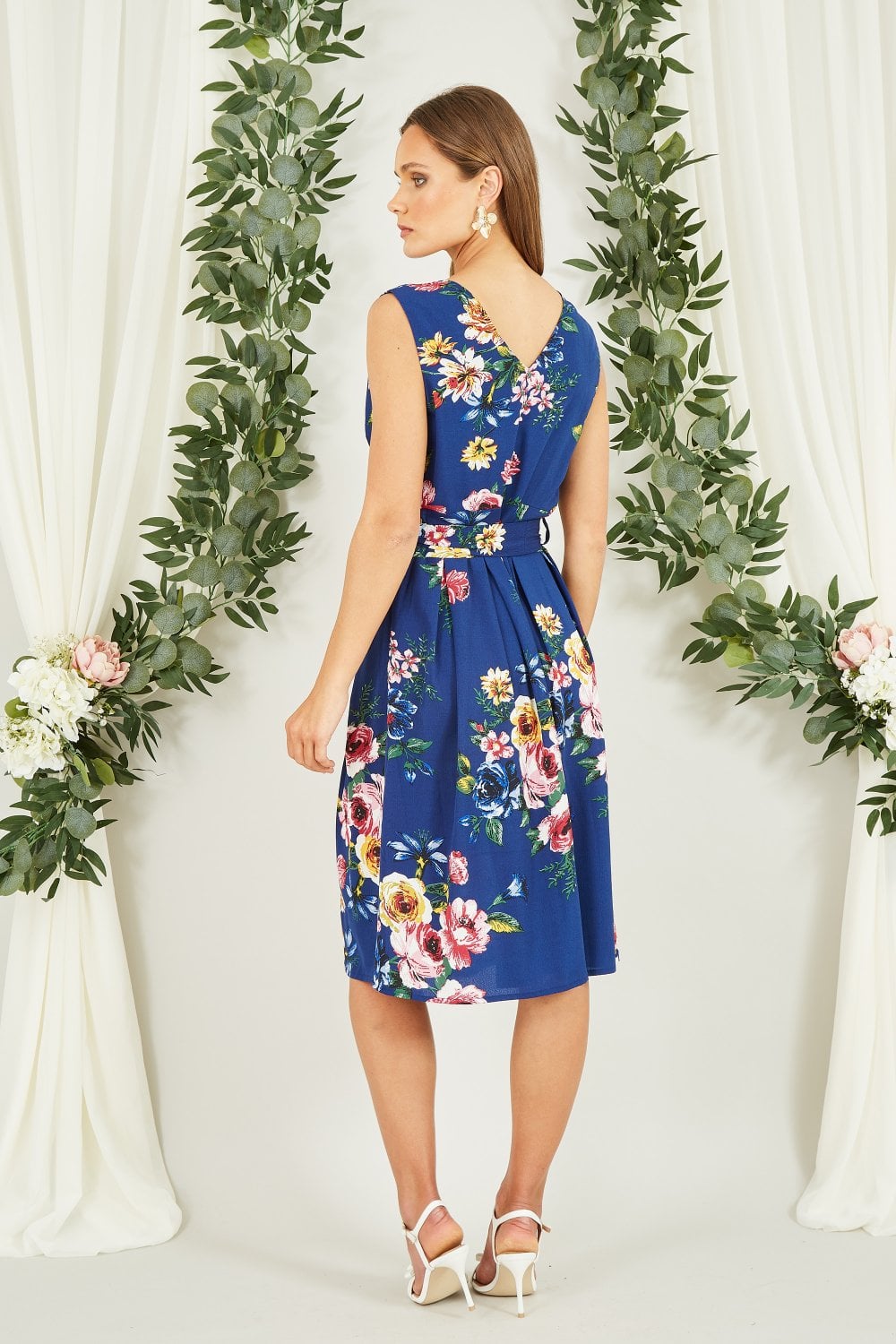 Mela Navy Floral Wrap Over Midi Skater Dress Mela