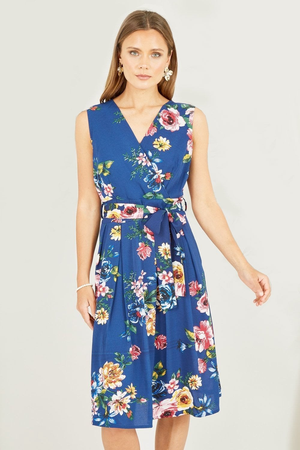 Mela Navy Floral Wrap Over Midi Skater Dress Mela