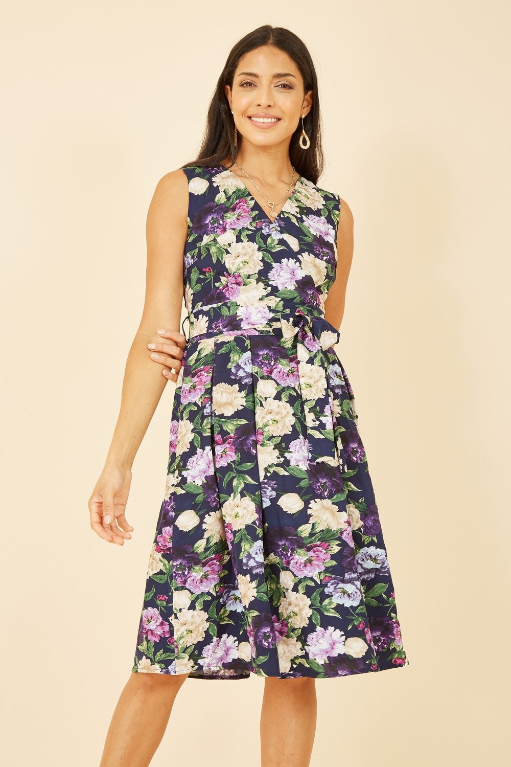 Mela Navy Floral Wrap Sleeveless Skater Dress Yumi