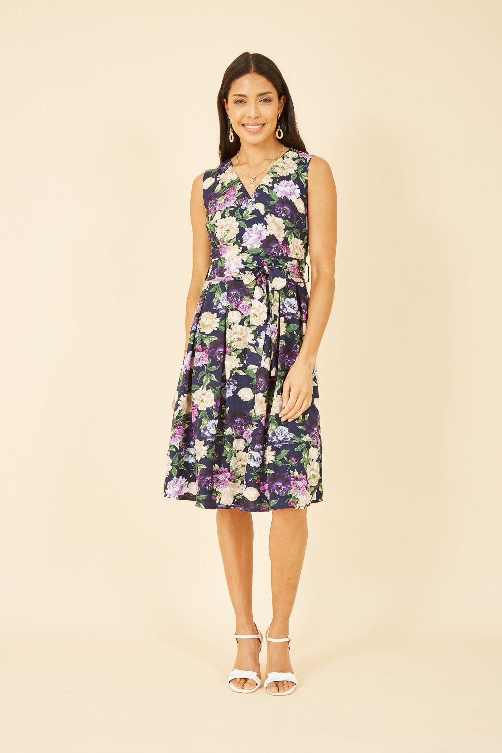 Mela Navy Floral Wrap Sleeveless Skater Dress Yumi