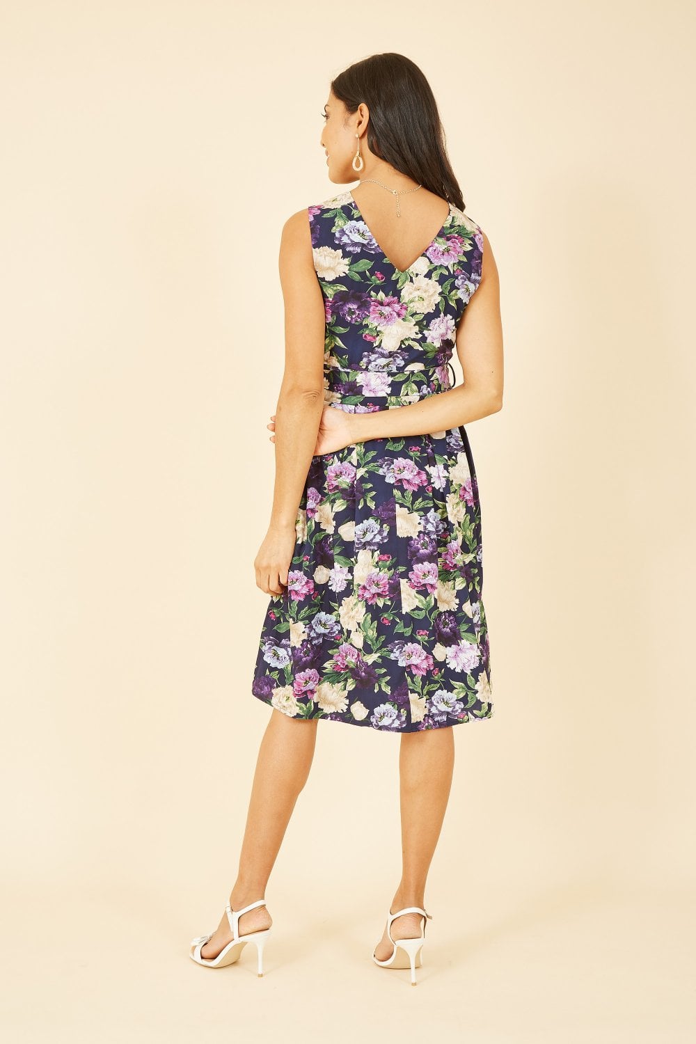 Mela Navy Floral Wrap Sleeveless Skater Dress Yumi