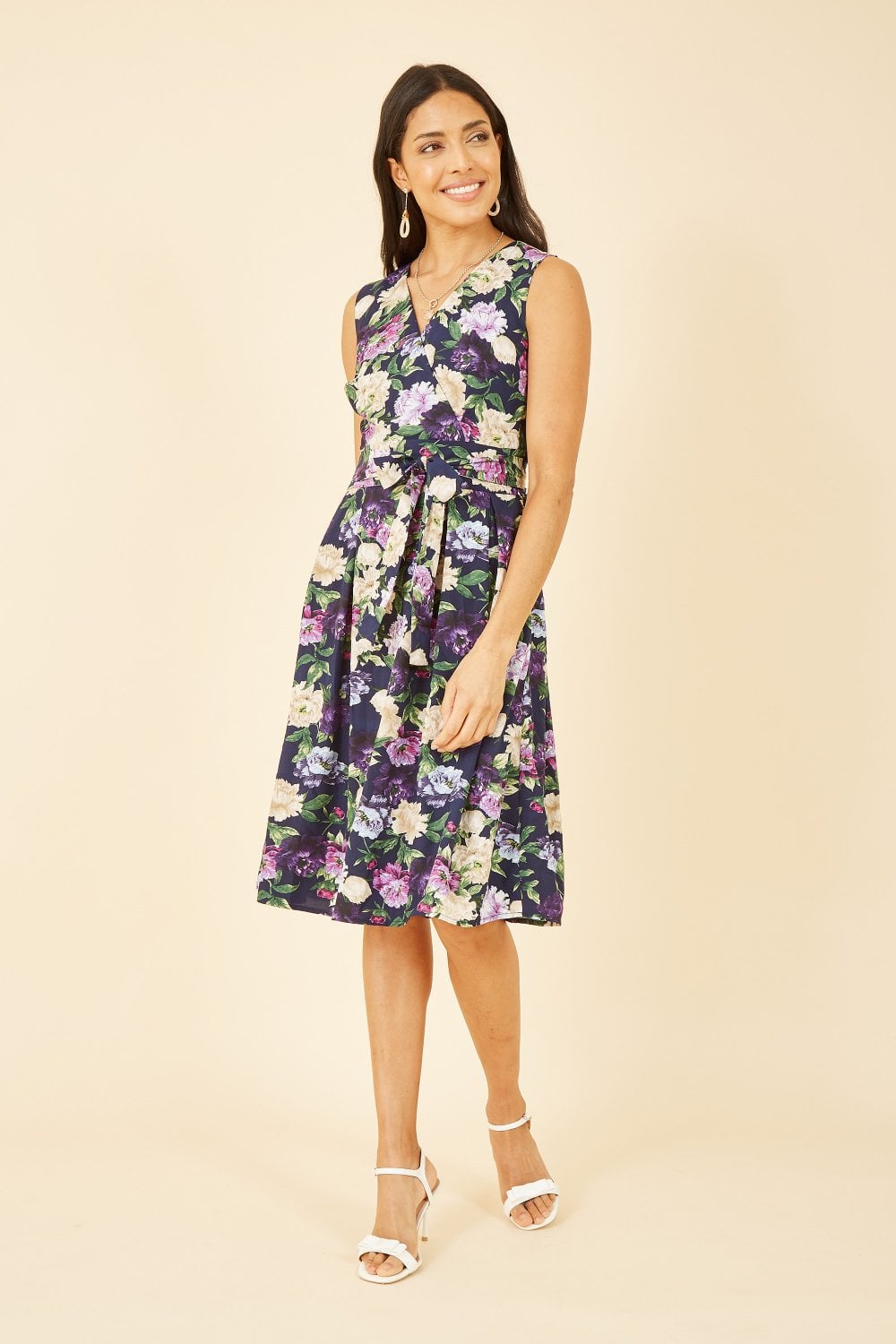 Mela Navy Floral Wrap Sleeveless Skater Dress Yumi