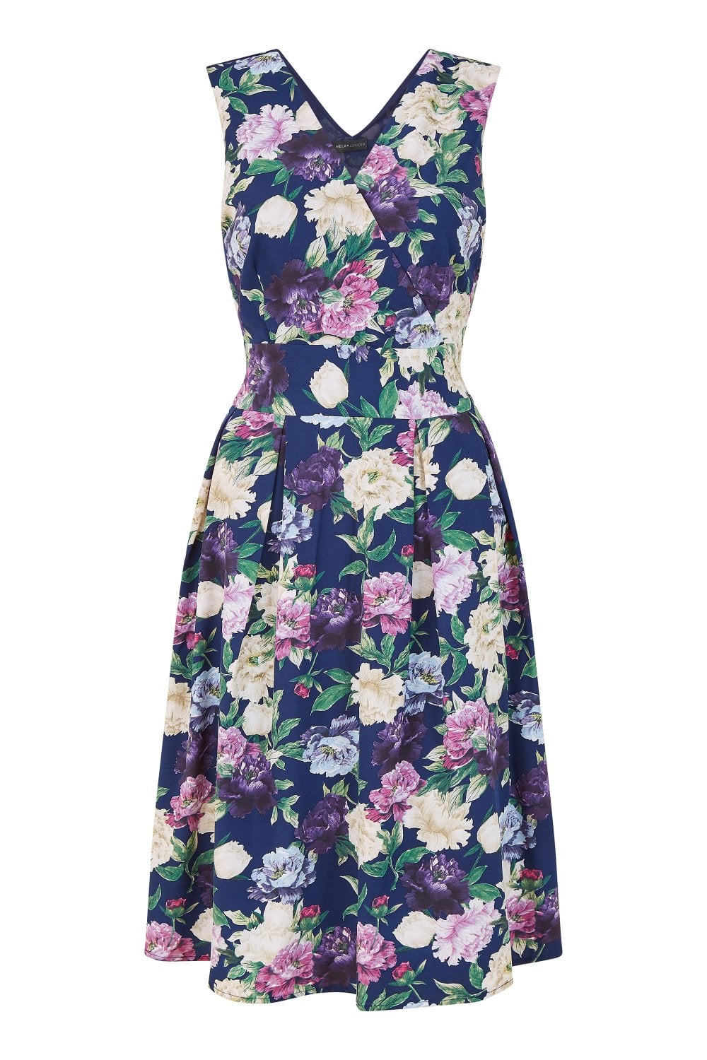 Mela Navy Floral Wrap Sleeveless Skater Dress Yumi