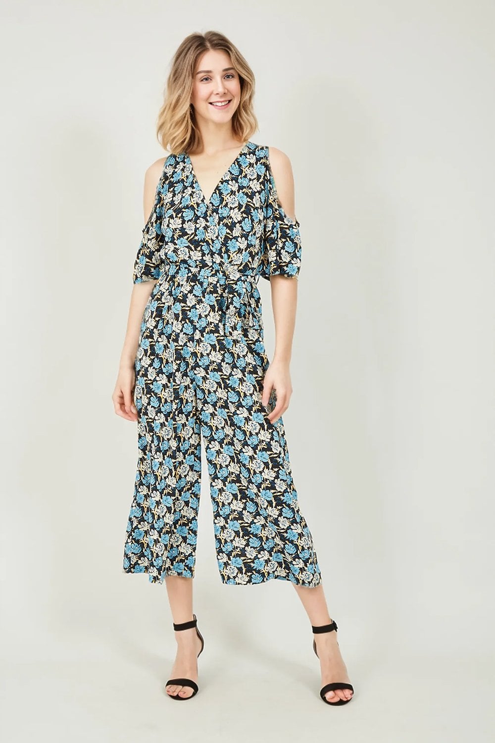 Mela Navy Flower Cold Shoulder Jumpsuit Mela