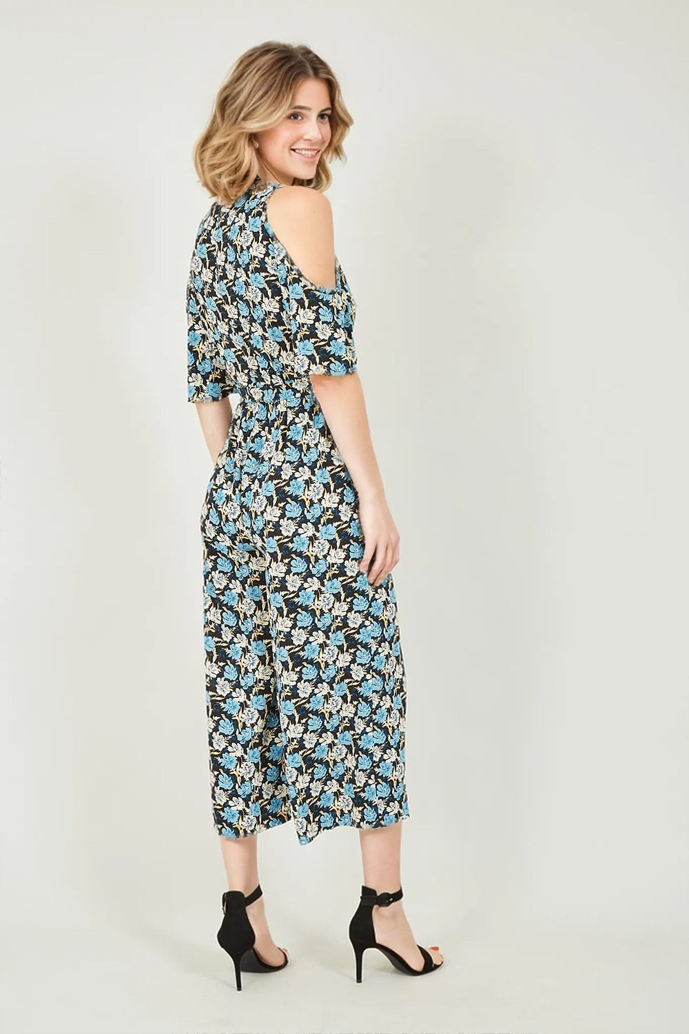 Mela Navy Flower Cold Shoulder Jumpsuit Mela