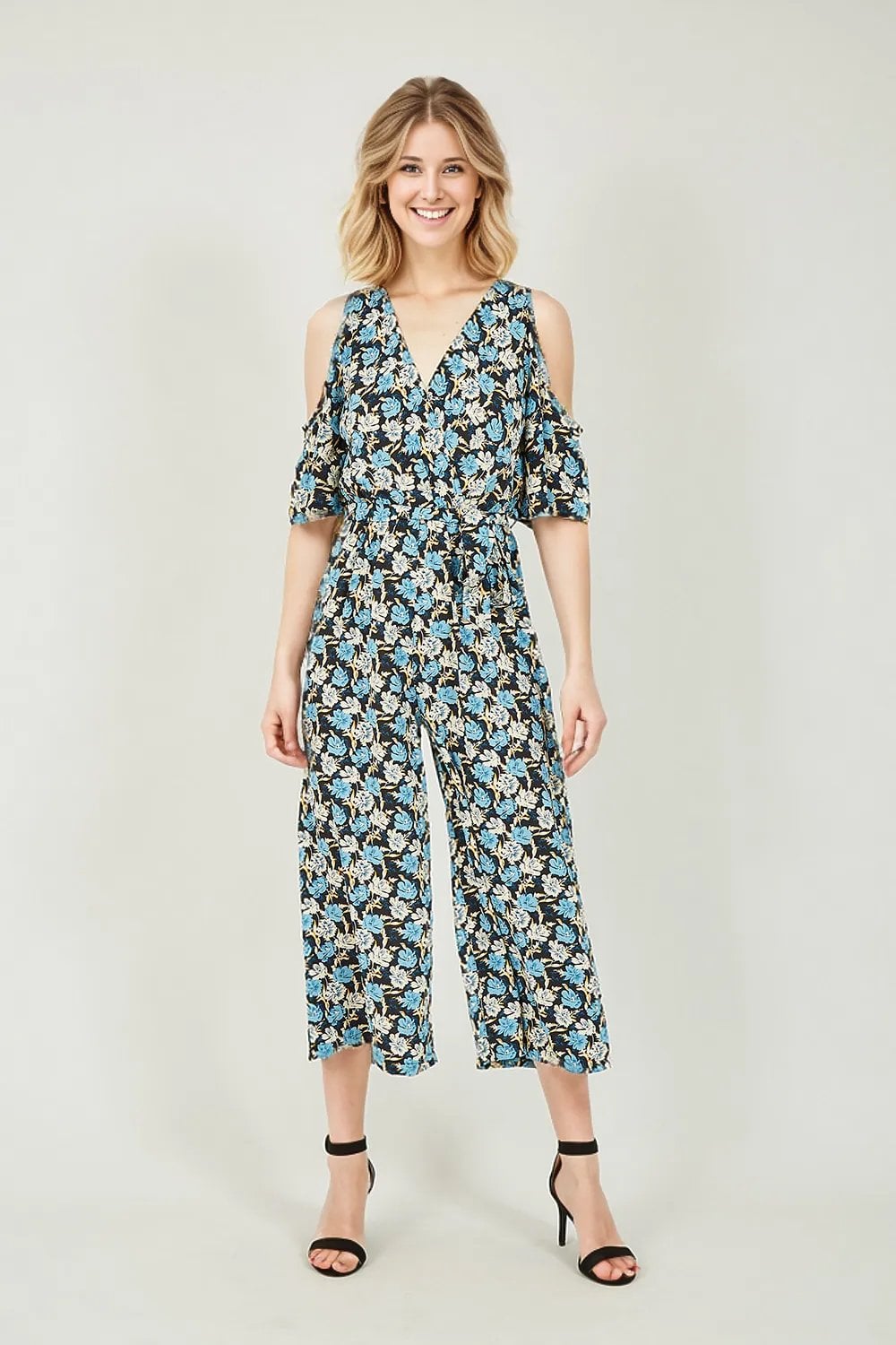 Mela Navy Flower Cold Shoulder Jumpsuit Mela