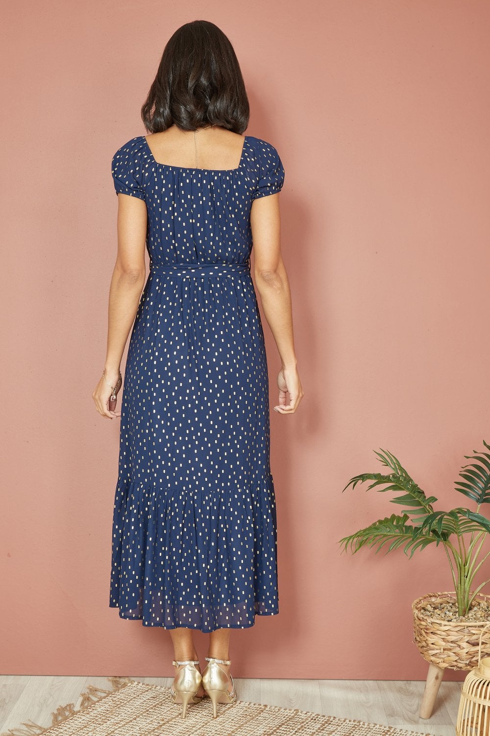 Mela Navy Foil Print Bardot Midi Dress Mela