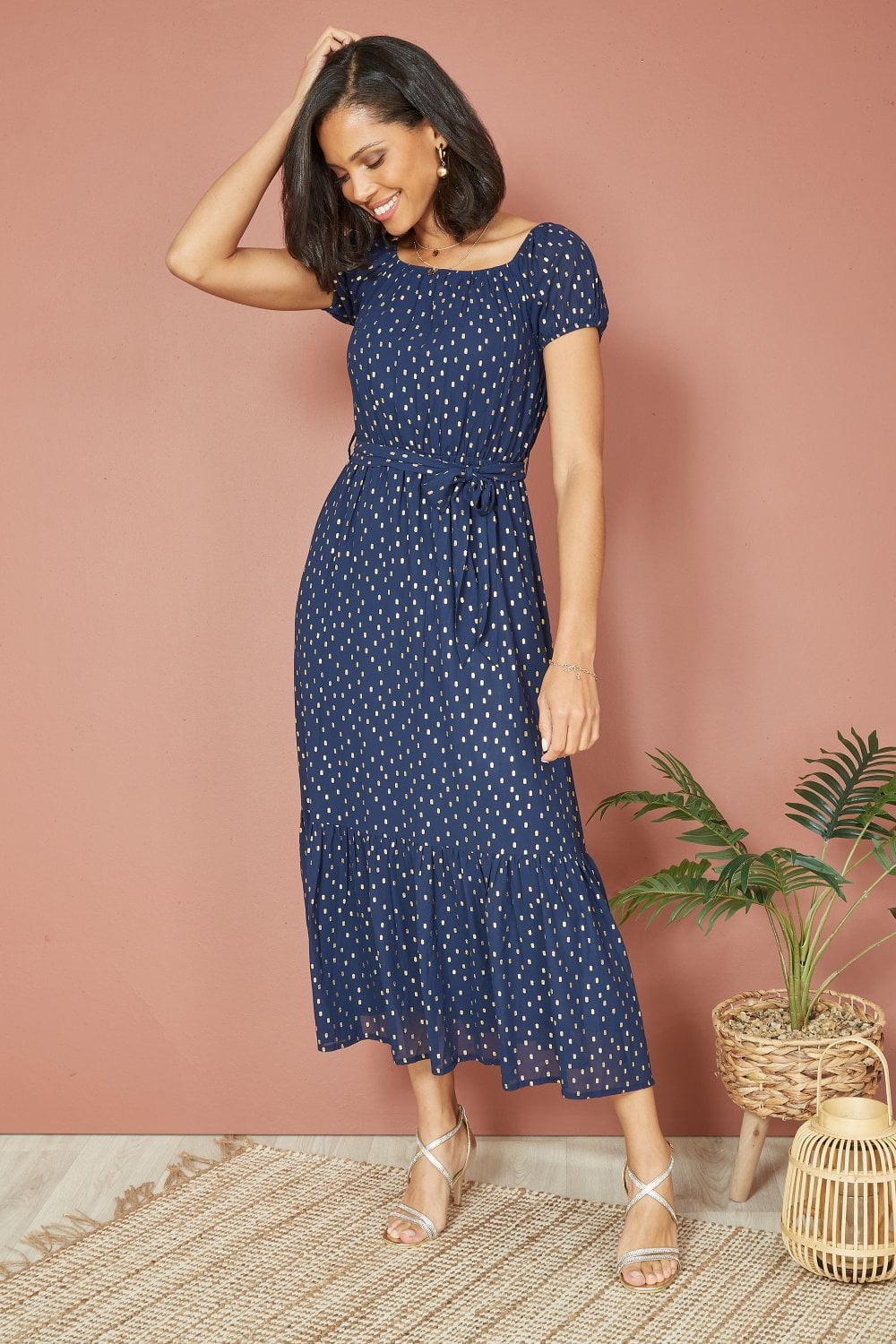 Mela Navy Foil Print Bardot Midi Dress Mela