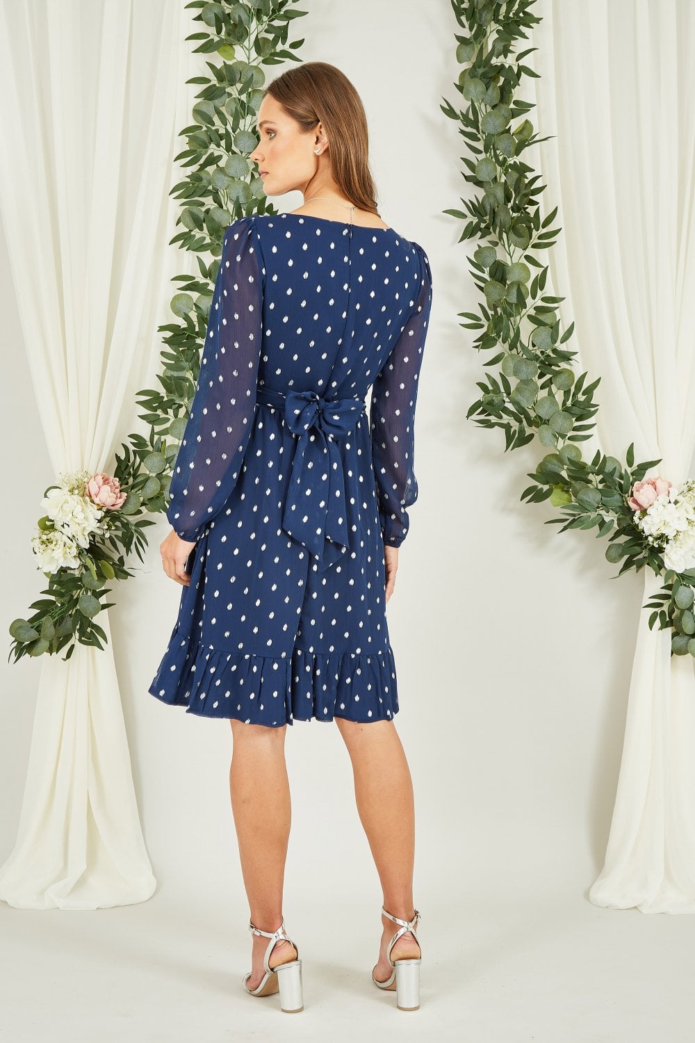 Mela Navy Foil Print Long Sleeve Skater Dress With Wrap Tie Waist Mela