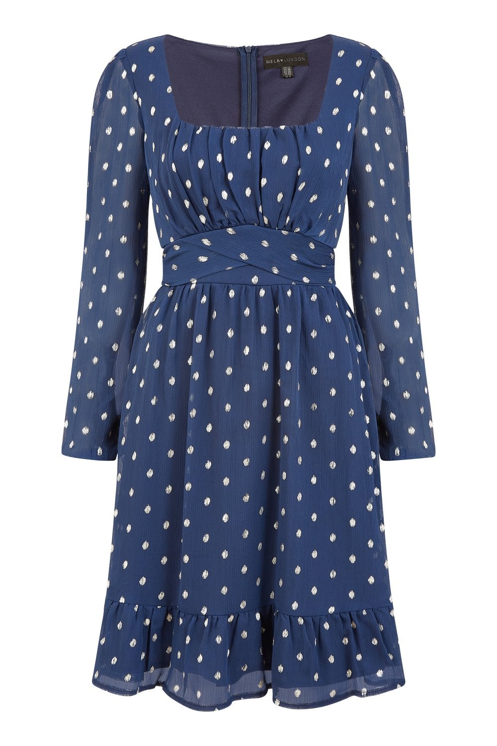 Mela Navy Foil Print Long Sleeve Skater Dress With Wrap Tie Waist Mela