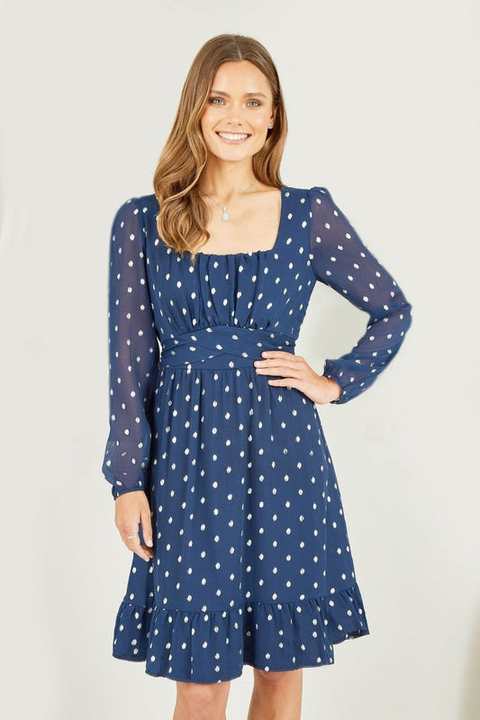 Mela Navy Foil Print Long Sleeve Skater Dress With Wrap Tie Waist Mela