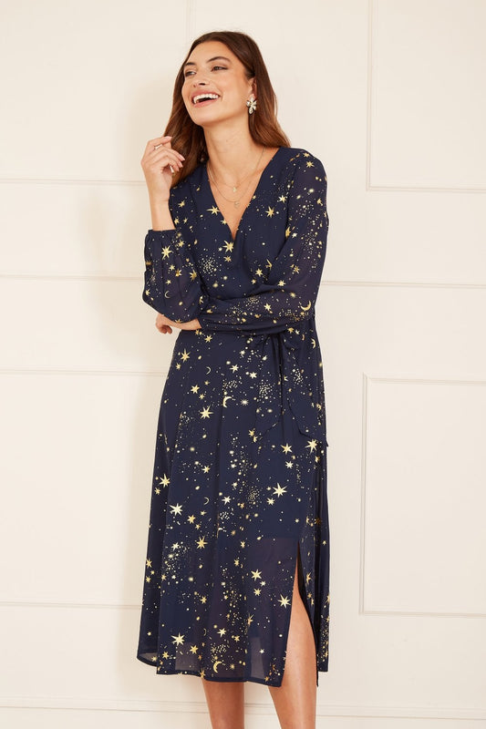 Mela Navy Foil Star Print Long Sleeve Midi Yumi