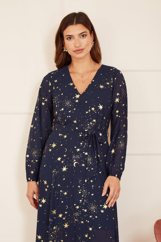 Mela Navy Foil Star Print Long Sleeve Midi Yumi