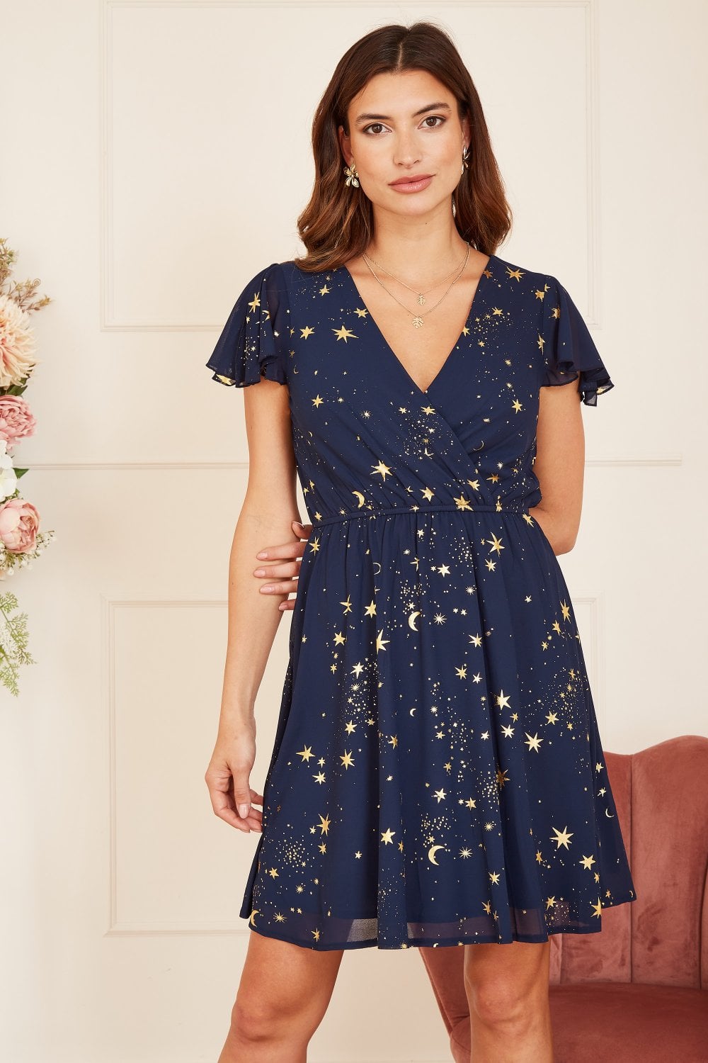 Mela Navy Foil Star Print Wrap Skater Dress Yumi