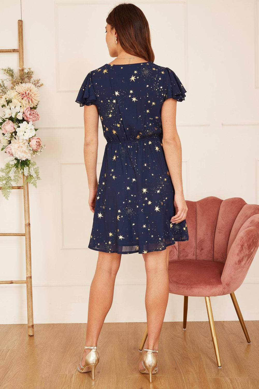 Mela Navy Foil Star Print Wrap Skater Dress Yumi