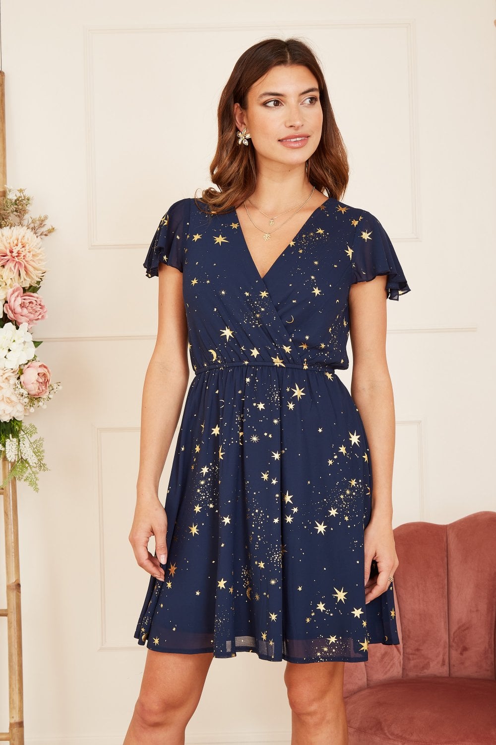 Mela Navy Foil Star Print Wrap Skater Dress Yumi