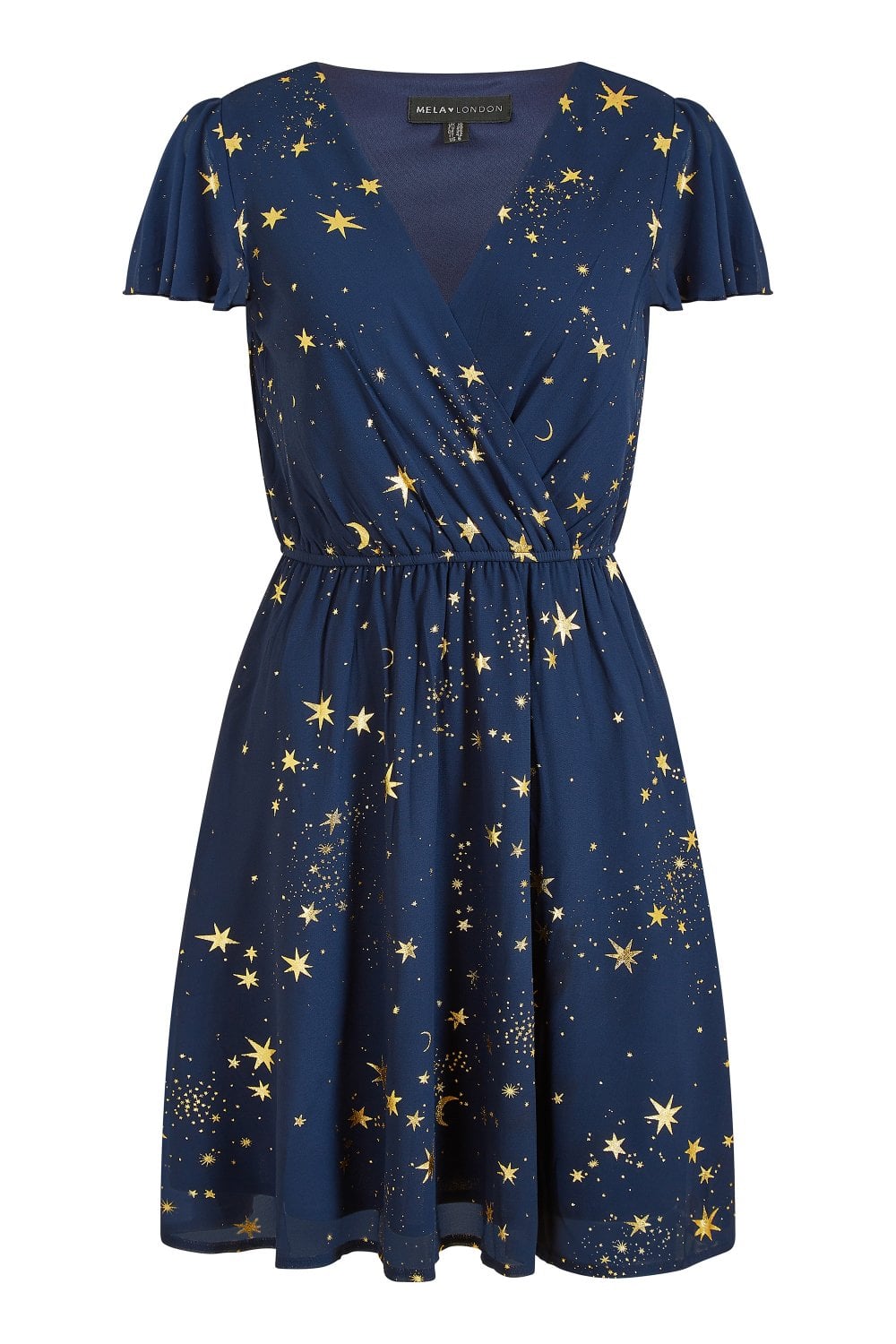 Mela Navy Foil Star Print Wrap Skater Dress Yumi