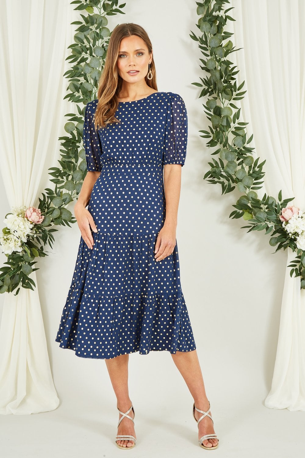 Mela Navy Gold Foil Spot Midi Dress With Scoop Back Mela