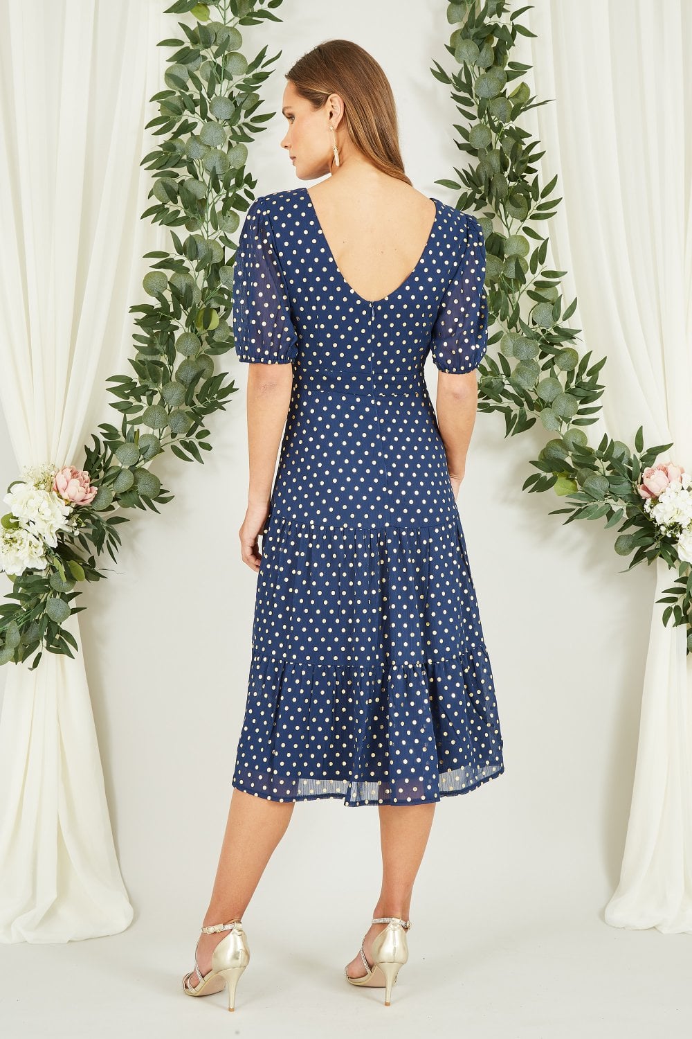 Mela Navy Gold Foil Spot Midi Dress With Scoop Back Mela