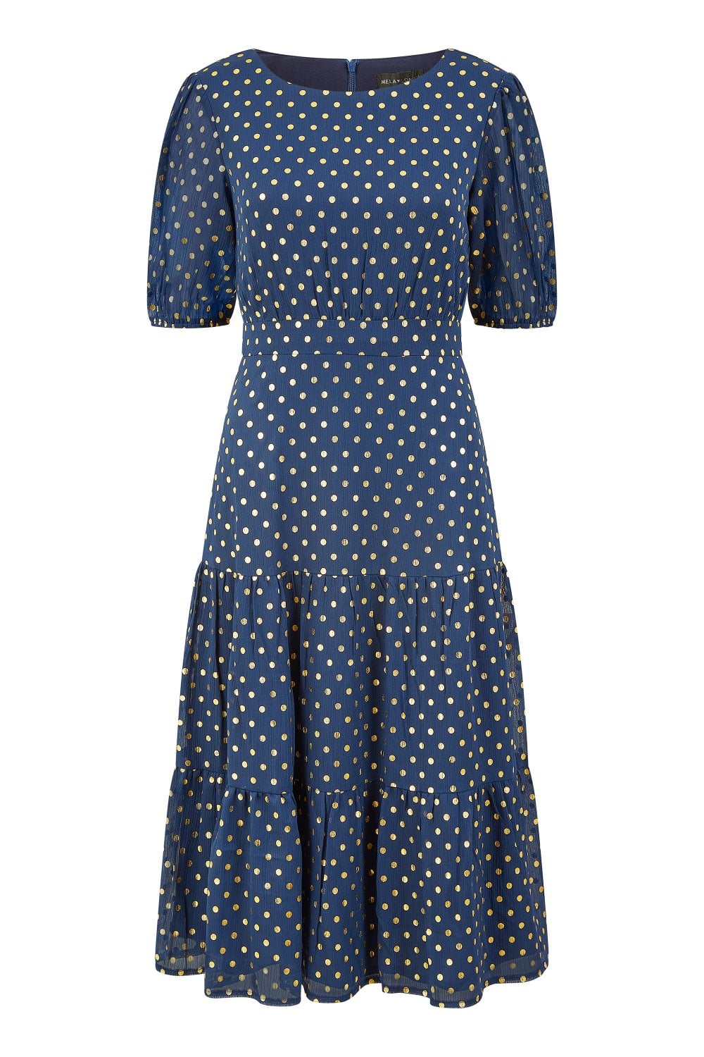 Mela Navy Gold Foil Spot Midi Dress With Scoop Back Mela