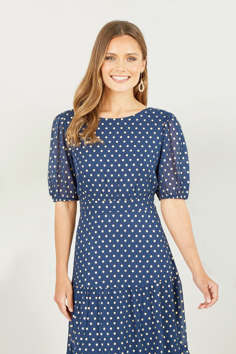 Mela Navy Gold Foil Spot Midi Dress With Scoop Back Mela