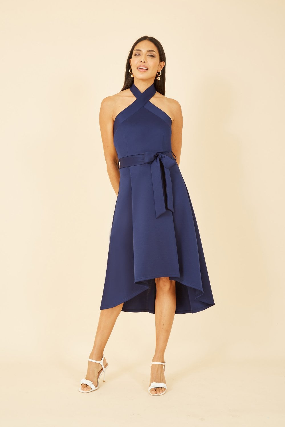 Mela Navy Halter neck Dipped Hem Skater Dress Yumi