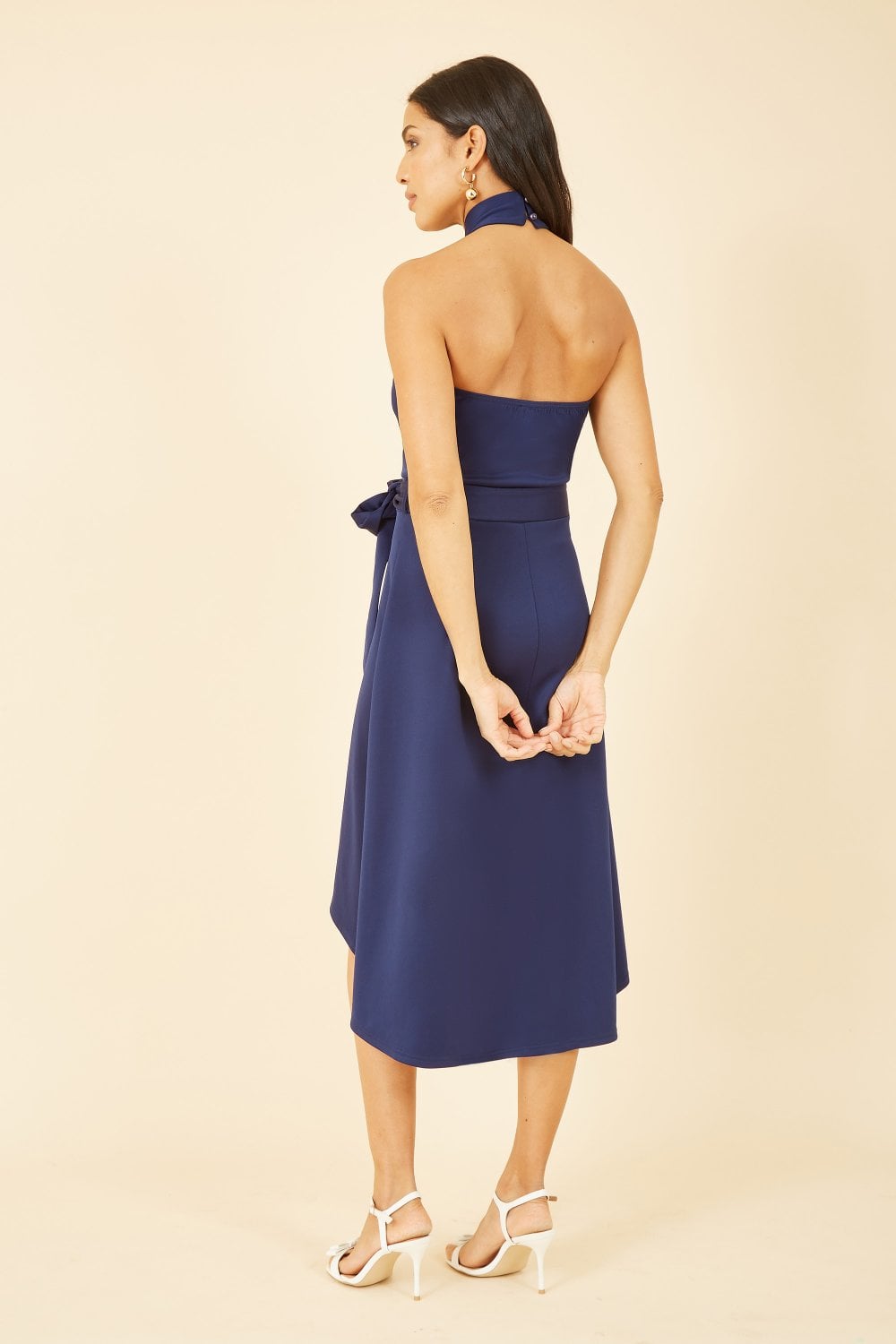 Mela Navy Halter neck Dipped Hem Skater Dress Yumi