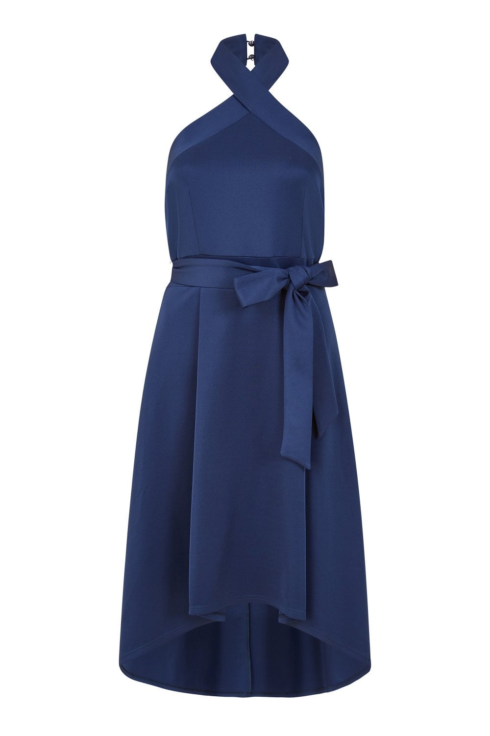 Mela Navy Halter neck Dipped Hem Skater Dress Yumi