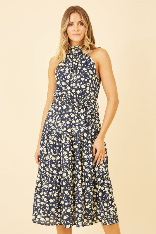 Mela Navy Halter Neck Floral Midi Dress Yumi