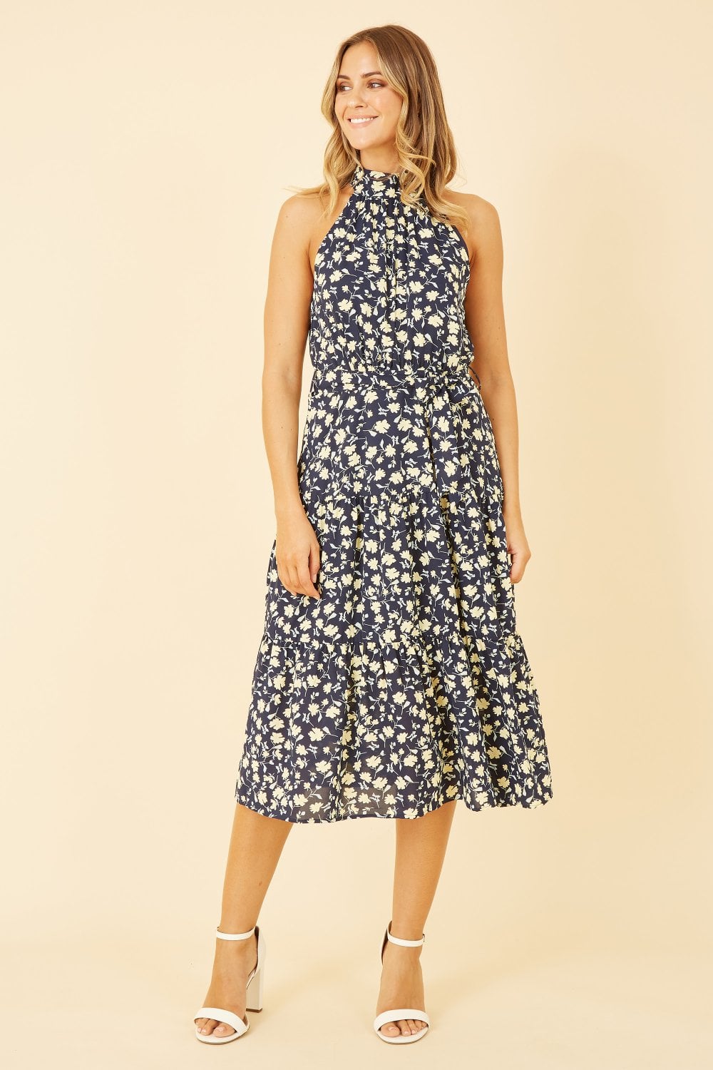 Mela Navy Halter Neck Floral Midi Dress Yumi