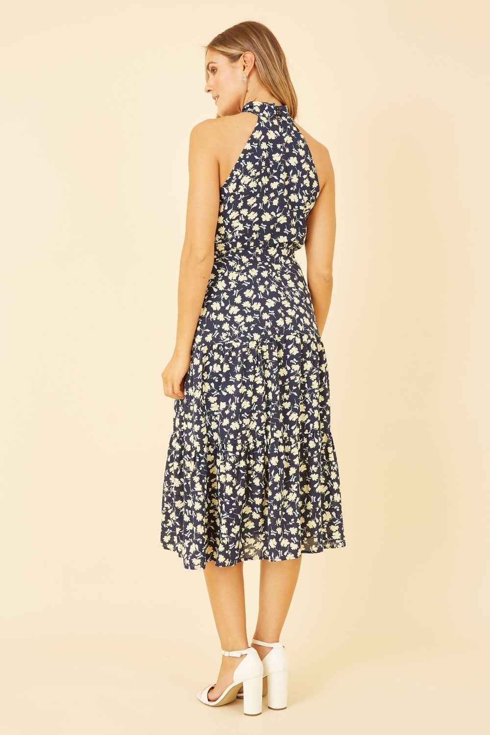 Mela Navy Halter Neck Floral Midi Dress Yumi