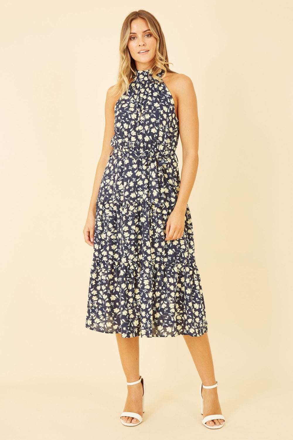 Mela Navy Halter Neck Floral Midi Dress Yumi