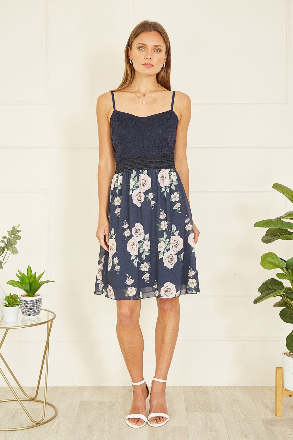 Mela Navy Lace Bodice Strappy Dress With Rose Print Skirt Yumi