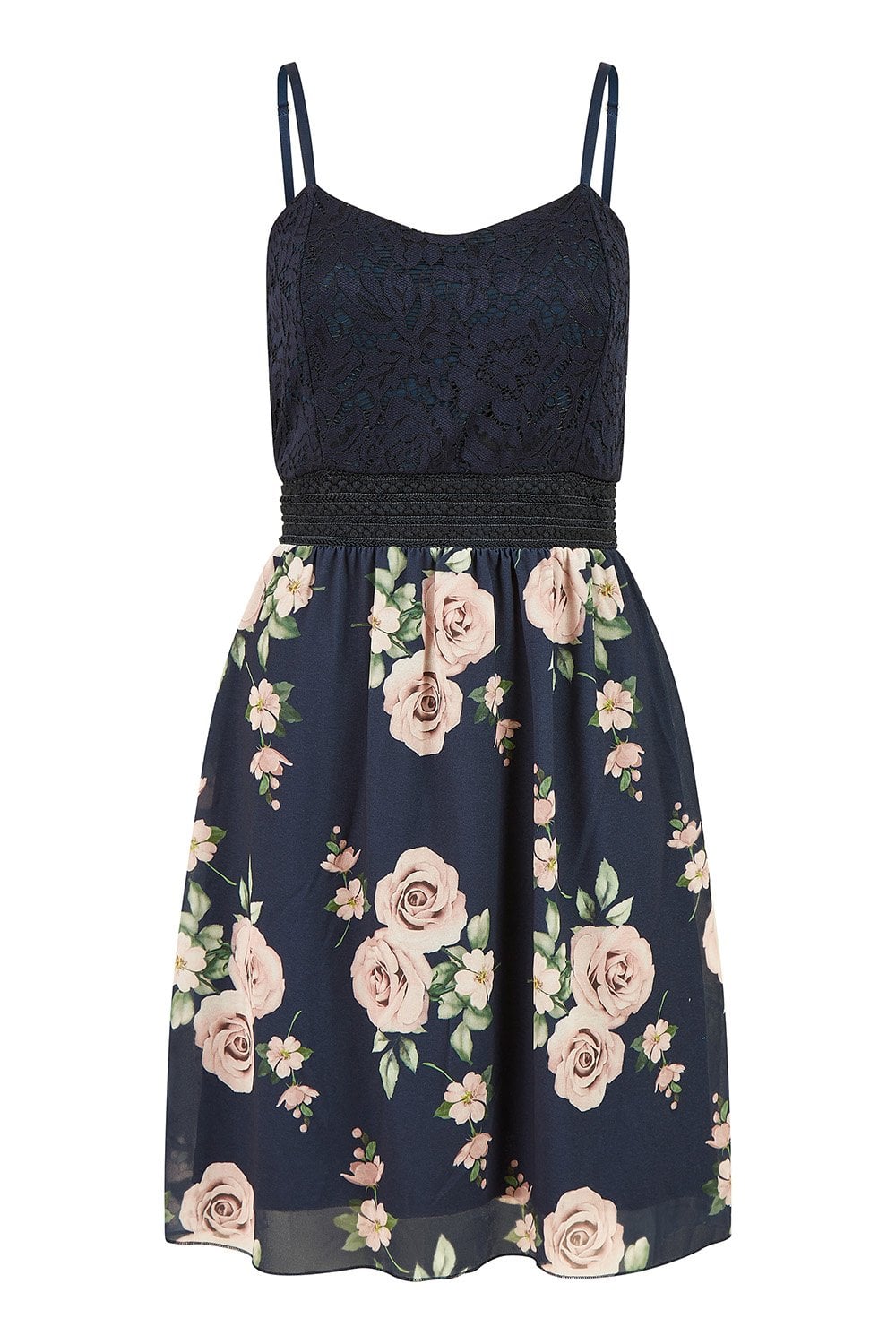 Mela Navy Lace Bodice Strappy Dress With Rose Print Skirt Yumi