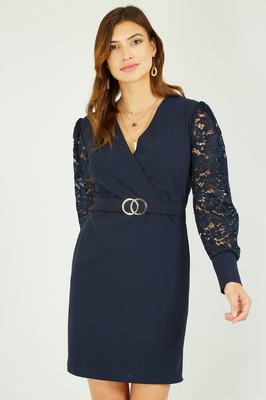 Mela Navy Lace Sleeve Dress With Gold Belt Detail Yumi