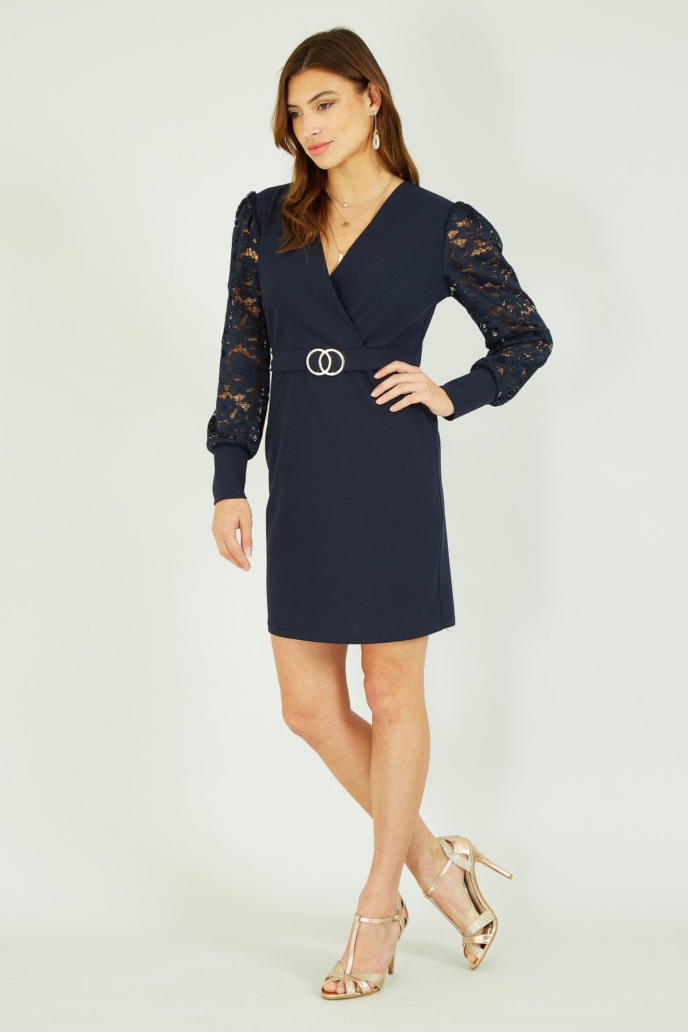 Mela Navy Lace Sleeve Dress With Gold Belt Detail Yumi