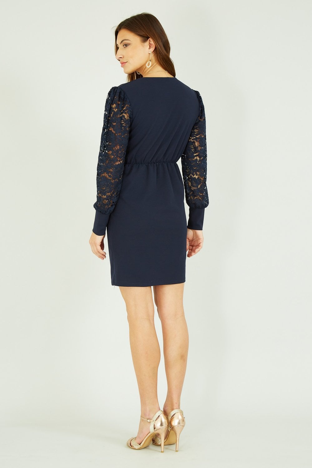 Mela Navy Lace Sleeve Dress With Gold Belt Detail Yumi