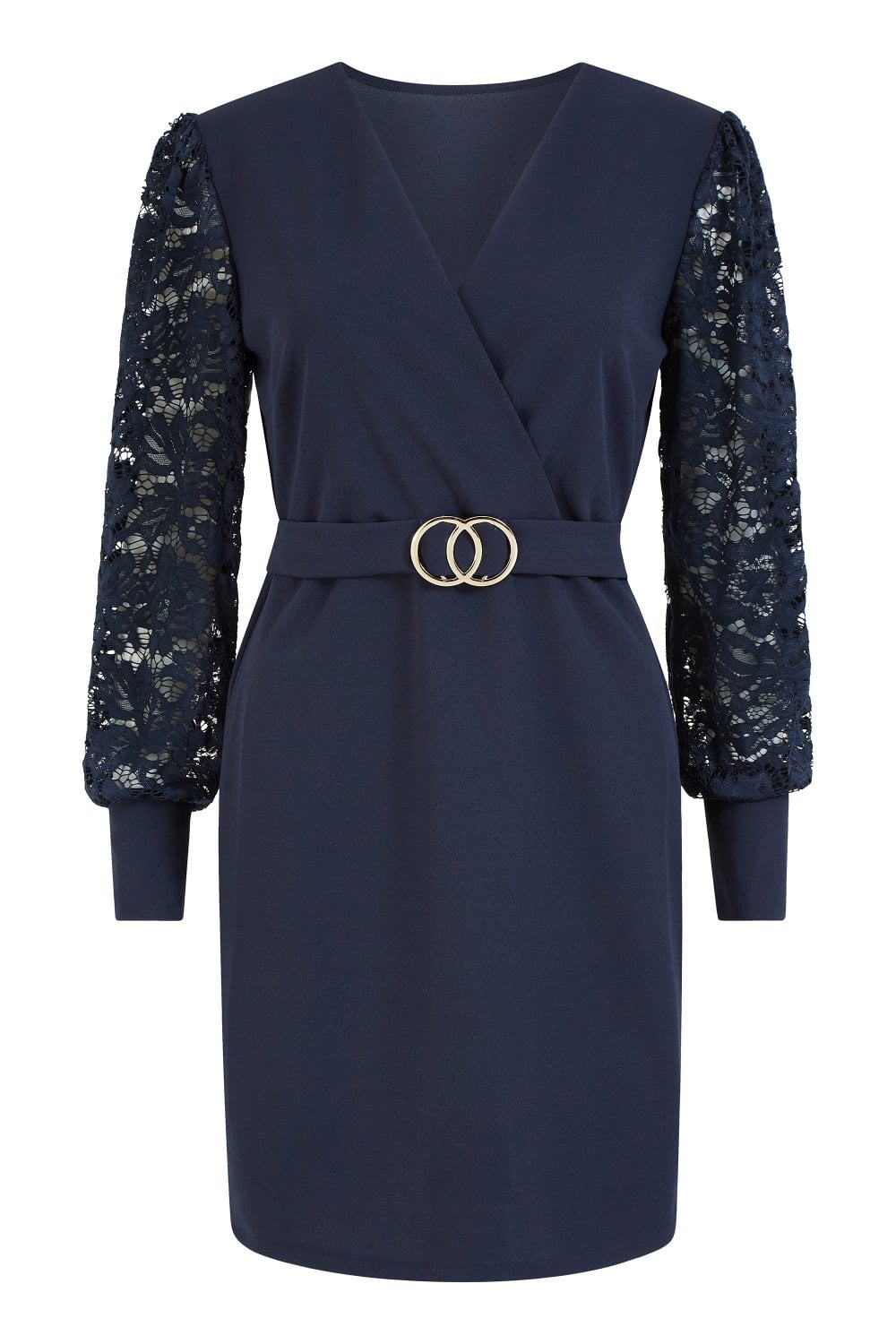 Mela Navy Lace Sleeve Dress With Gold Belt Detail Yumi