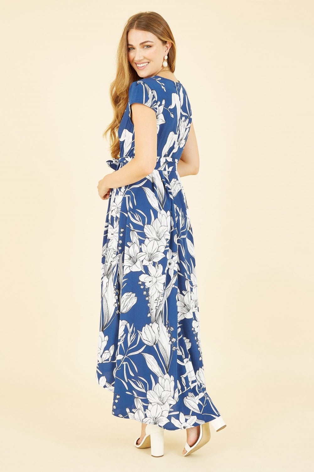 Mela Navy Leaf Print Dipped Hem Wrap Dress Yumi