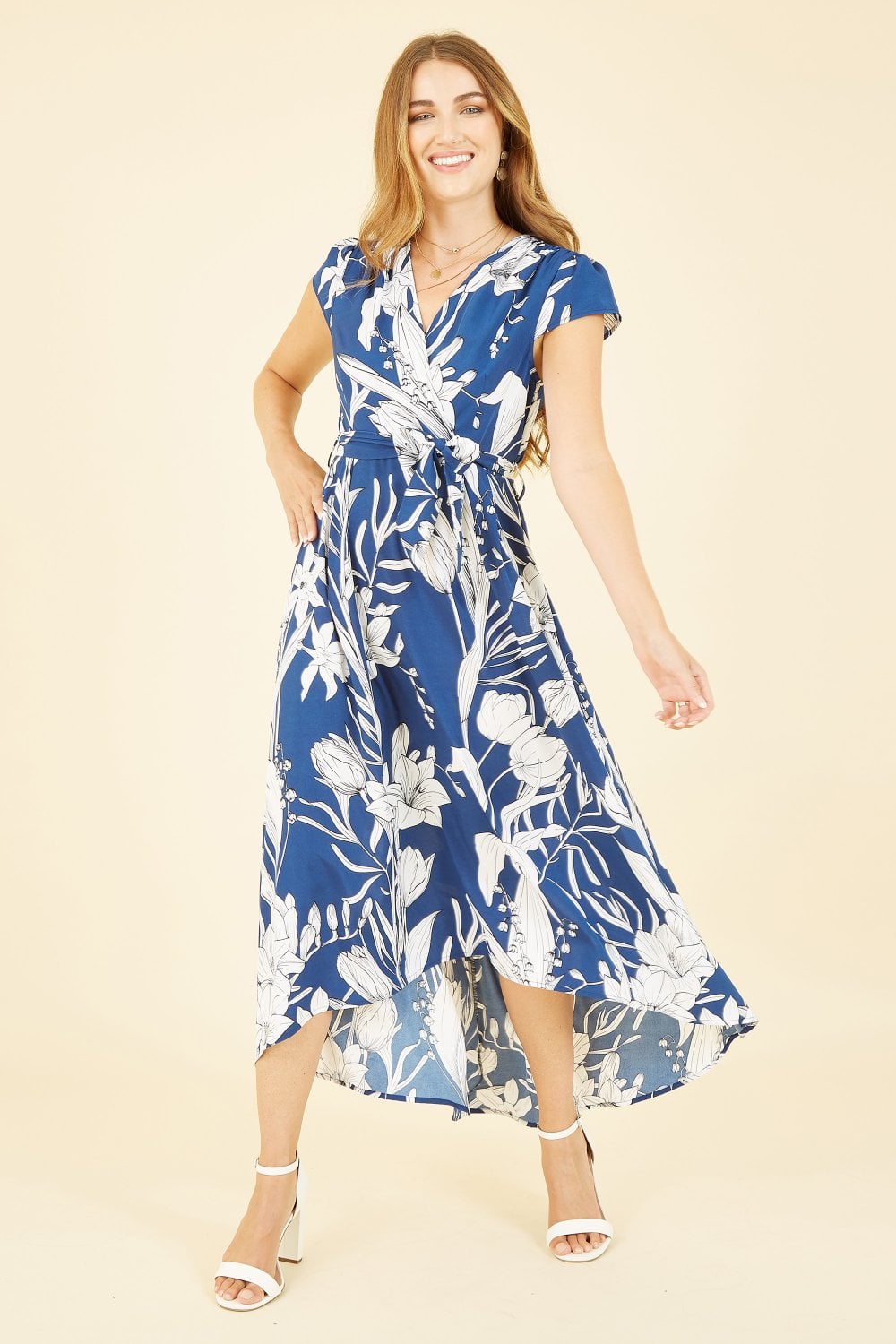 Mela Navy Leaf Print Dipped Hem Wrap Dress Yumi